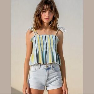 2/$30 WILD Fable Target Turquoise Striped Smocked Peplum Camisole Size Large